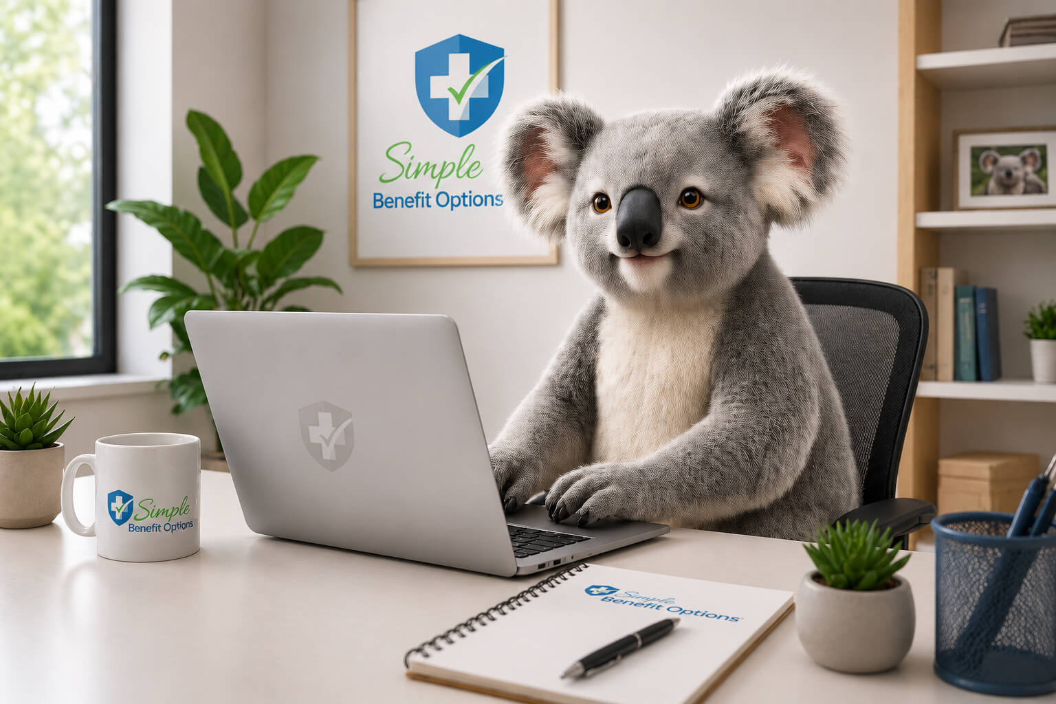 Simple Benefit Options koala mascot working at a laptop, representing simple online claims, policy management, and accident insurance support.