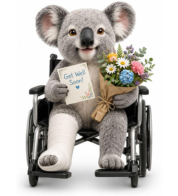 Simple Benefit Options koala mascot in a wheelchair holding flowers and a get well card, representing recovery and financial protection through accident insurance.