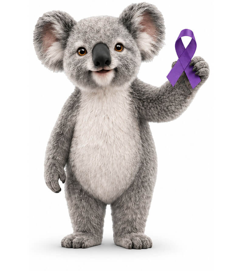 Simple Benefit Options koala mascot holding a purple cancer awareness ribbon, representing cancer insurance and financial protection during treatment and recovery.