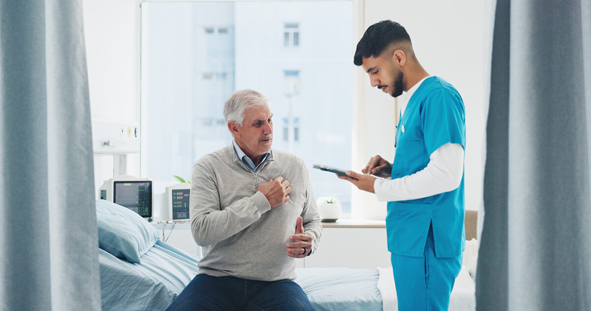 Healthcare professional assisting a patient experiencing a serious medical condition, representing compassionate care and recovery after a critical illness.