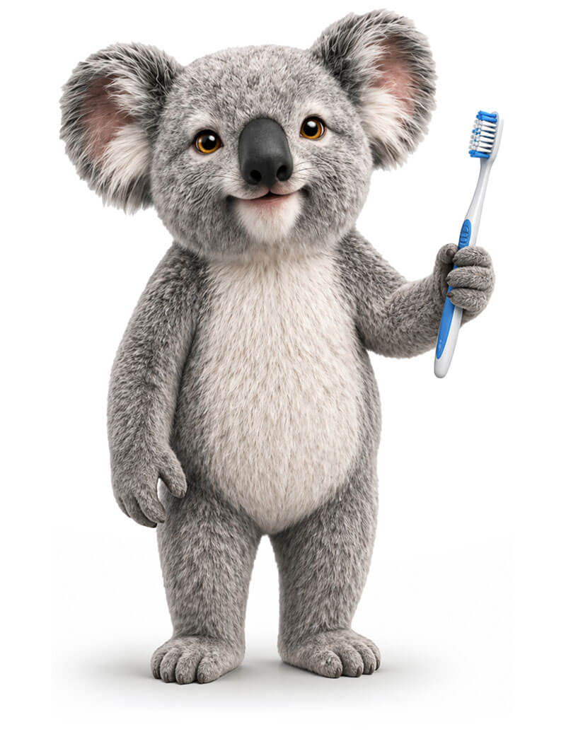 Simple Benefit Options koala mascot holding a toothbrush, representing healthy smiles and affordable dental insurance coverage.