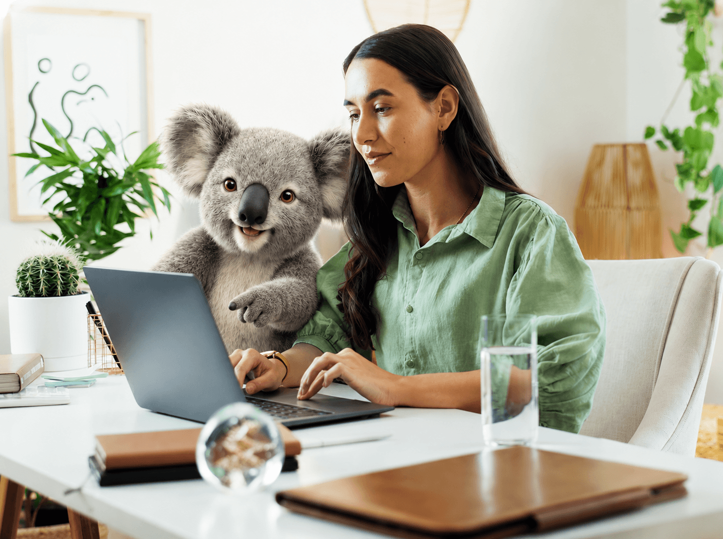 Woman comparing insurance options online while the Simple Benefit Options koala mascot provides friendly guidance.