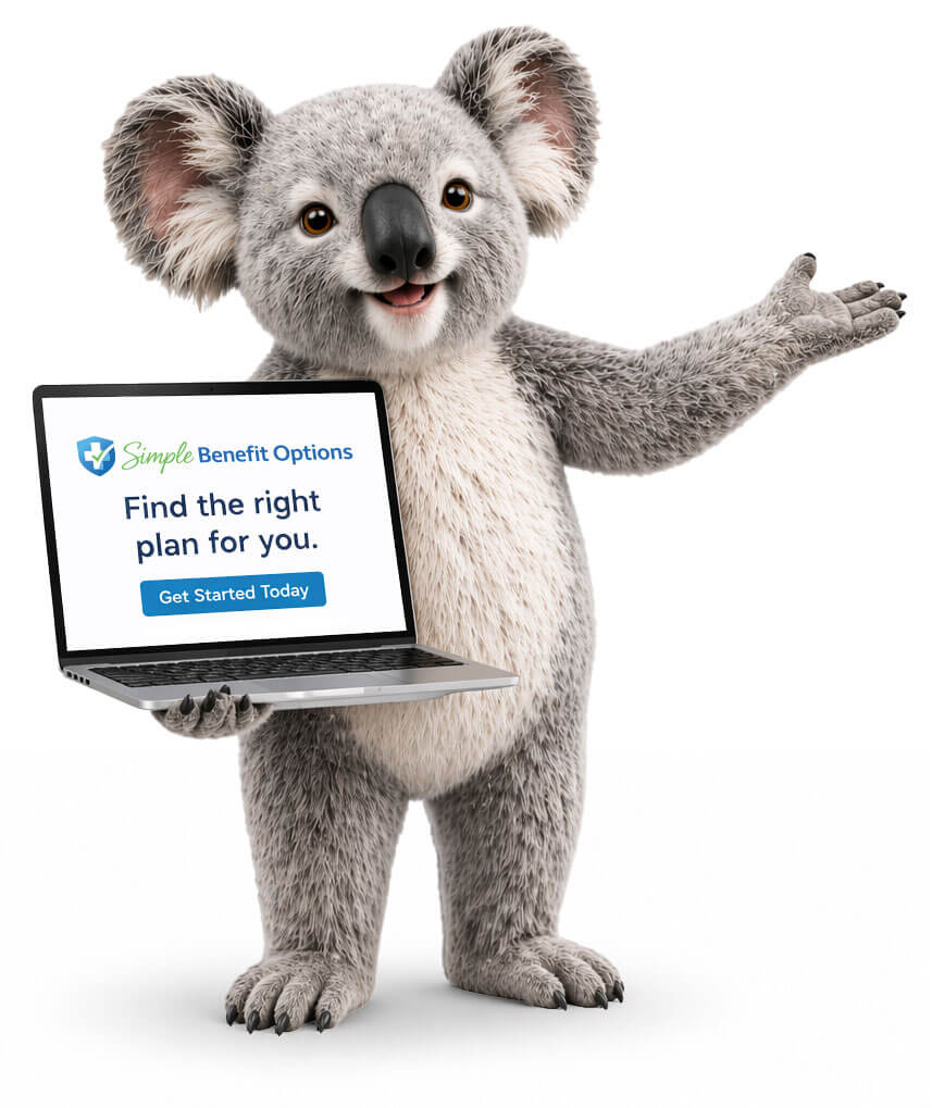 Simple Benefit Options koala mascot holding a laptop displaying an online insurance plan finder and pointing toward getting started with coverage.