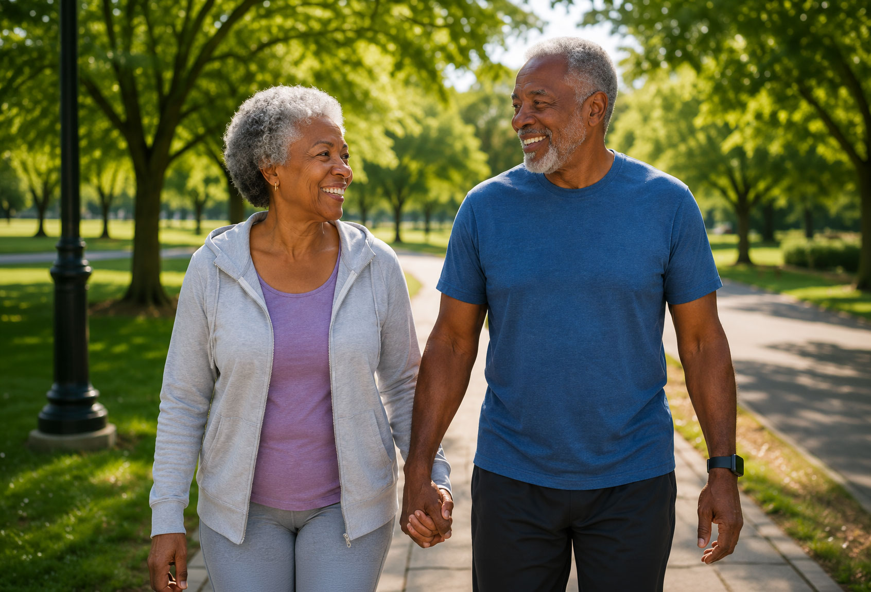 Senior couple enjoying a walk together in the park, representing the freedom and peace of mind Medicare Supplement Insurance can provide during retirement.