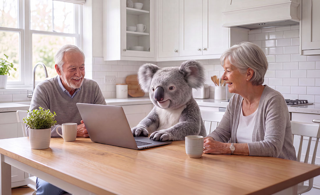 Senior couple reviewing insurance options with the Simple Benefit Options koala mascot at their kitchen table, planning for future financial security.