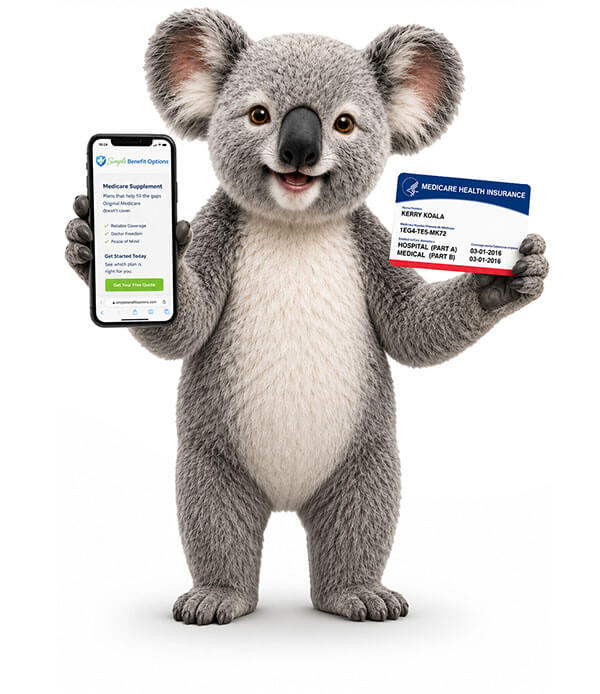 Simple Benefit Options koala mascot holding a smartphone and Medicare card, representing personalized guidance for Medicare Supplement and Final Expense Insurance.
